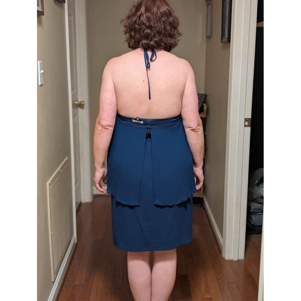 Halston Blue Pleated Overlay Halter Cocktail Dress Size 12‎